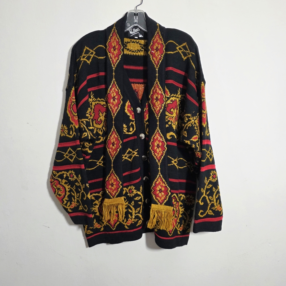 Vintage Black and Red Patterned Sweater With Scarf Large
